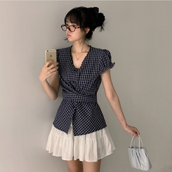 チェックラップリボン半袖ブラウス NAVY