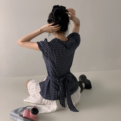 チェックラップリボン半袖ブラウス NAVY