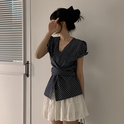 チェックラップリボン半袖ブラウス NAVY