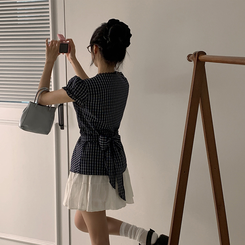 チェックラップリボン半袖ブラウス NAVY