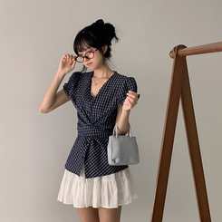 チェックラップリボン半袖ブラウス NAVY