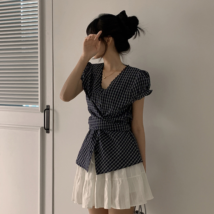 チェックラップリボン半袖ブラウス NAVY