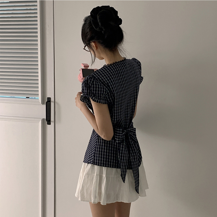 チェックラップリボン半袖ブラウス NAVY
