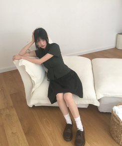 ミディ/ロングスカート リボンピンタックフレアミディスカート BLACK