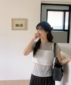 半袖Tシャツ ボートネックシースルー半袖Tシャツ(5color) GREY