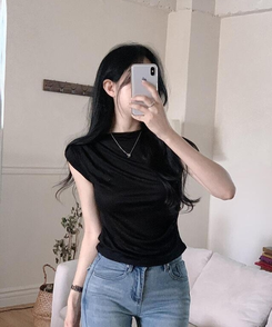 半袖Tシャツ ドレープキャップスリーブTシャツ(5color) BLACK