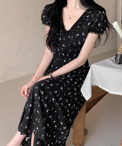 ロングワンピース フラワーレースロングワンピース BLACK