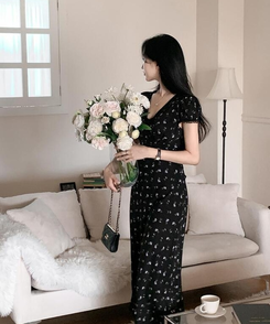 ロングワンピース フラワーレースロングワンピース BLACK