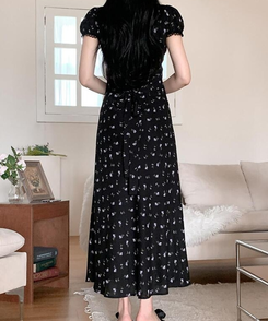 ロングワンピース フラワーレースロングワンピース BLACK