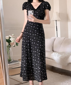 ロングワンピース フラワーレースロングワンピース BLACK