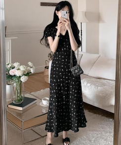 ロングワンピース フラワーレースロングワンピース BLACK