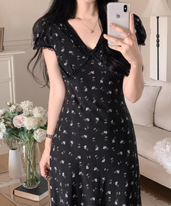 ロングワンピース フラワーレースロングワンピース BLACK