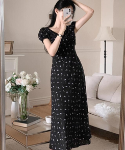 ロングワンピース フラワーレースロングワンピース BLACK