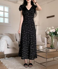ロングワンピース フラワーレースロングワンピース BLACK