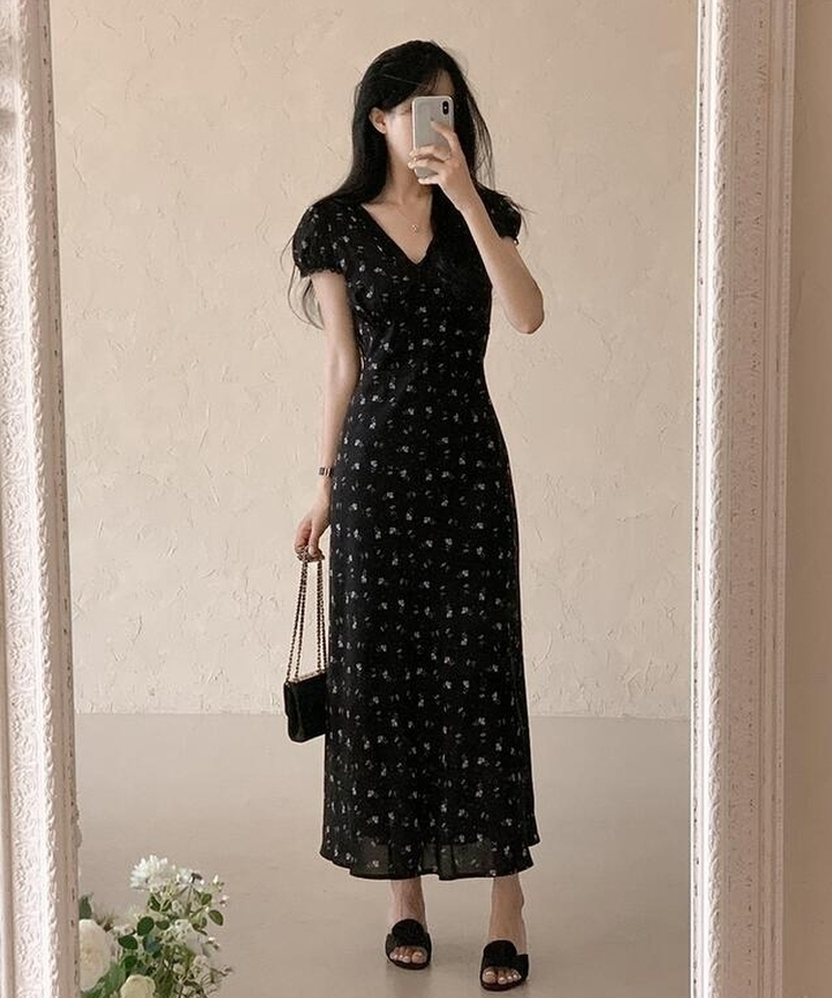 ロングワンピース フラワーレースロングワンピース BLACK