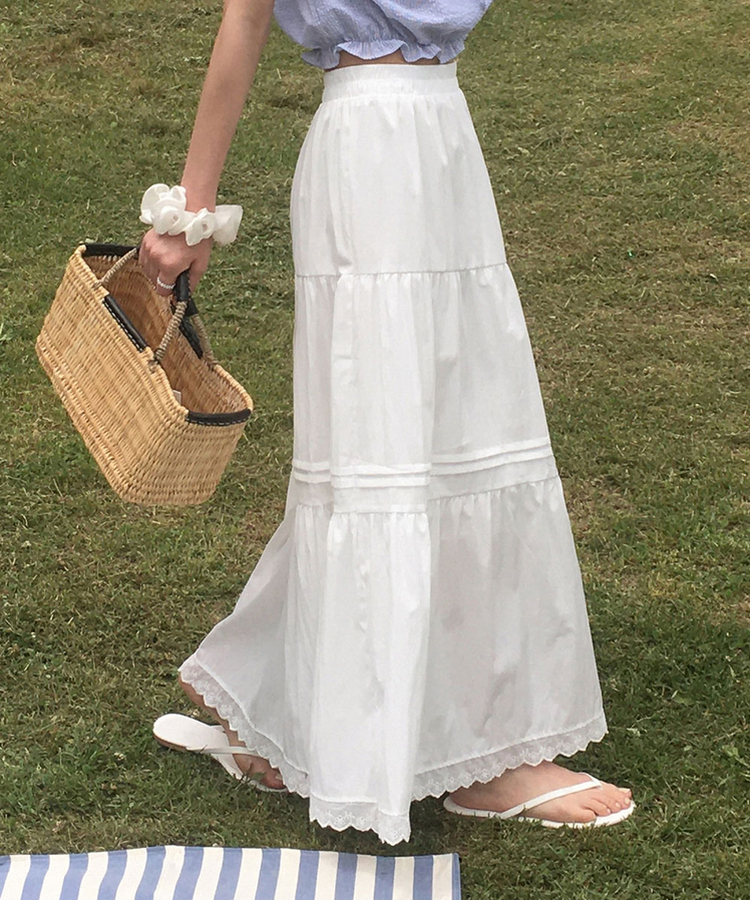 ピンタックフレアティアードロングスカート IVORY