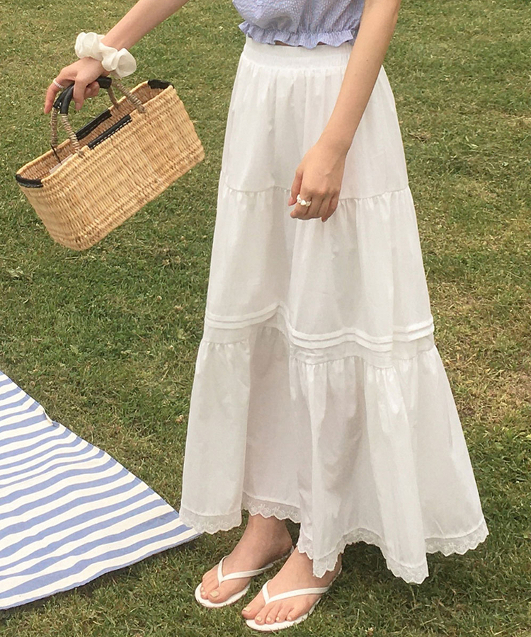ピンタックフレアティアードロングスカート IVORY
