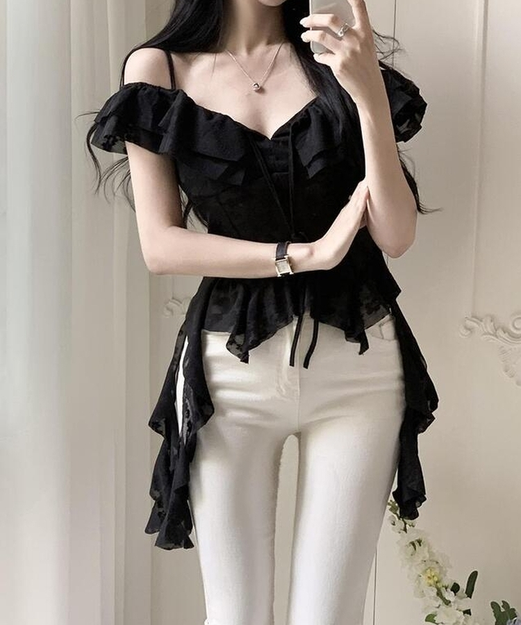 【カップ付き】レースオフショルダーブラウス BLACK