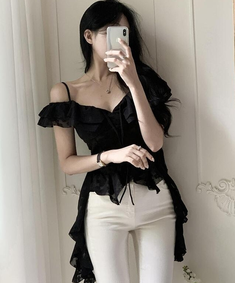 【カップ付き】レースオフショルダーブラウス BLACK