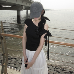 半袖Tシャツ リボンワンショルダー半袖Tシャツ BLACK