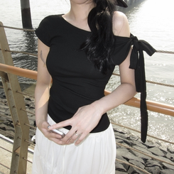 半袖Tシャツ リボンワンショルダー半袖Tシャツ BLACK