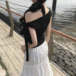 半袖Tシャツ リボンワンショルダー半袖Tシャツ BLACK
