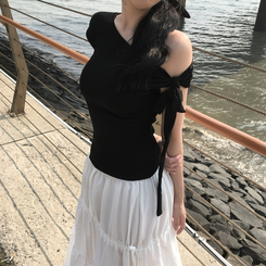 半袖Tシャツ リボンワンショルダー半袖Tシャツ BLACK