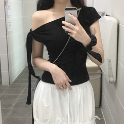 半袖Tシャツ リボンワンショルダー半袖Tシャツ BLACK