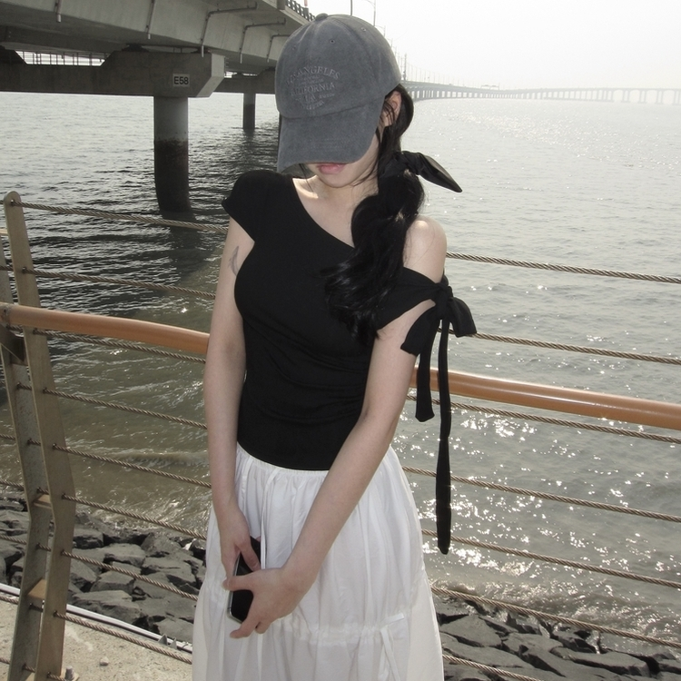 リボンワンショルダー半袖Tシャツ BLACK