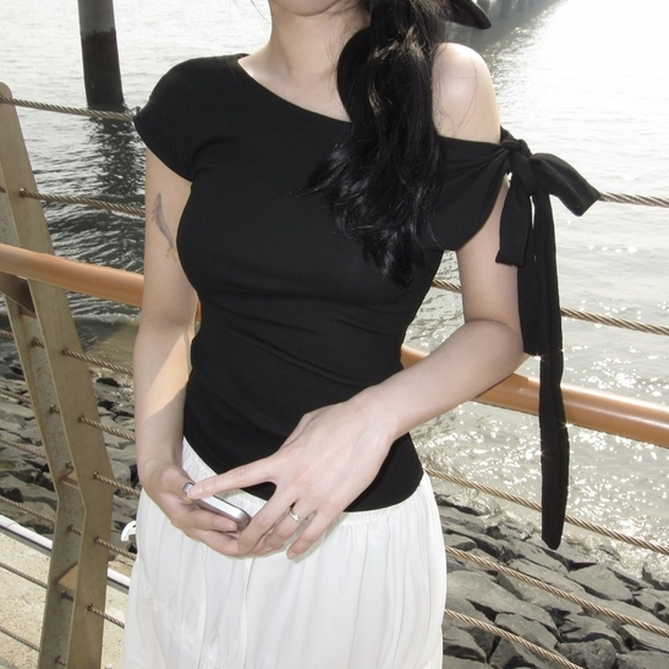 リボンワンショルダー半袖Tシャツ BLACK