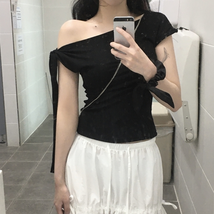 リボンワンショルダー半袖Tシャツ BLACK
