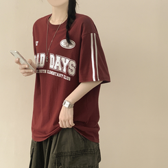 [데일리힙] 블록코어 유니폼 트랙 라인 라운드넥 오버핏 반팔티셔츠 와인