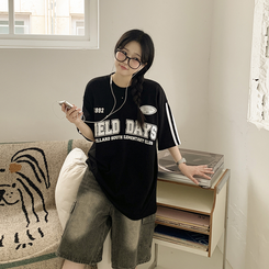 [데일리힙] 블록코어 유니폼 트랙 라인 라운드넥 오버핏 반팔티셔츠 블랙
