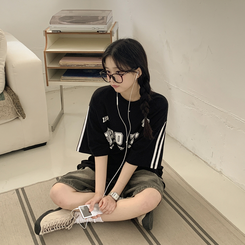 [데일리힙] 블록코어 유니폼 트랙 라인 라운드넥 오버핏 반팔티셔츠 블랙