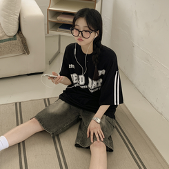 [데일리힙] 블록코어 유니폼 트랙 라인 라운드넥 오버핏 반팔티셔츠 블랙