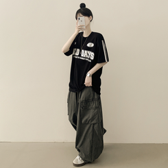 [데일리힙] 블록코어 유니폼 트랙 라인 라운드넥 오버핏 반팔티셔츠 블랙