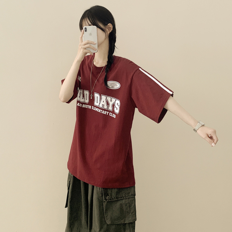 [데일리힙] 블록코어 유니폼 트랙 라인 라운드넥 오버핏 반팔티셔츠 와인
