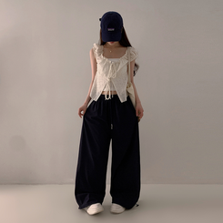 【丈別】サイドスリットサマーワイドクーリングパンツ NAVY