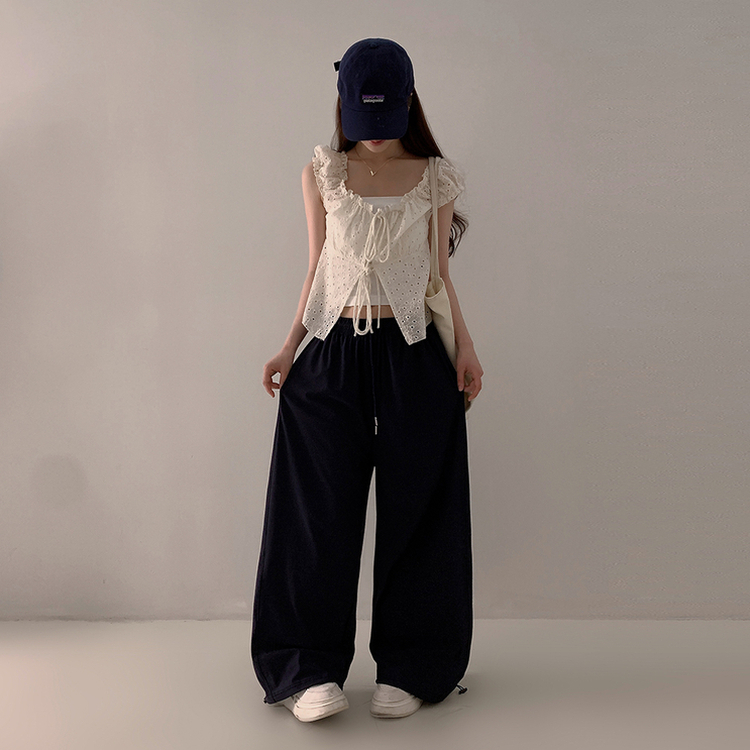 【丈別】サイドスリットサマーワイドクーリングパンツ NAVY