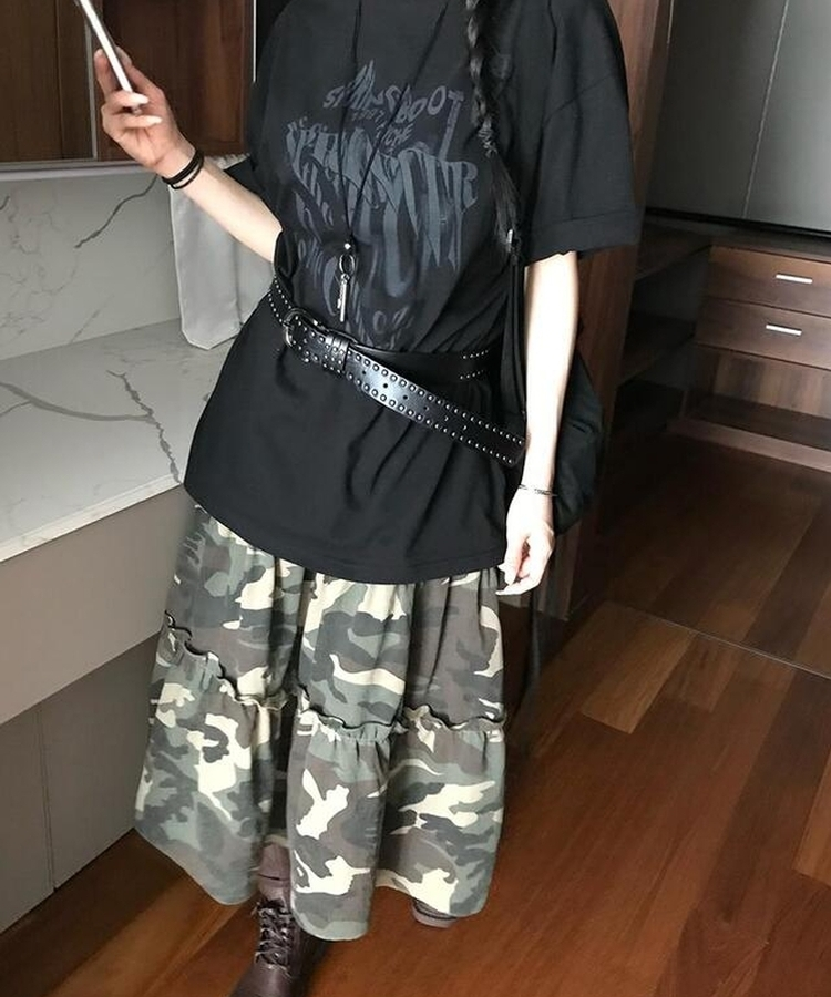 ミリタリーティアードロングスカート KHAKI