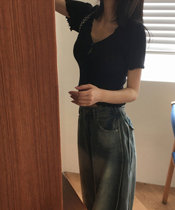カーディガン フリルクロップ半袖ニットカーディガン BLACK