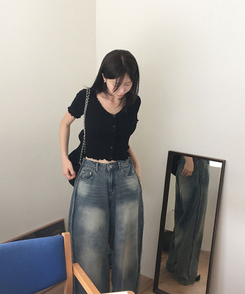カーディガン フリルクロップ半袖ニットカーディガン BLACK