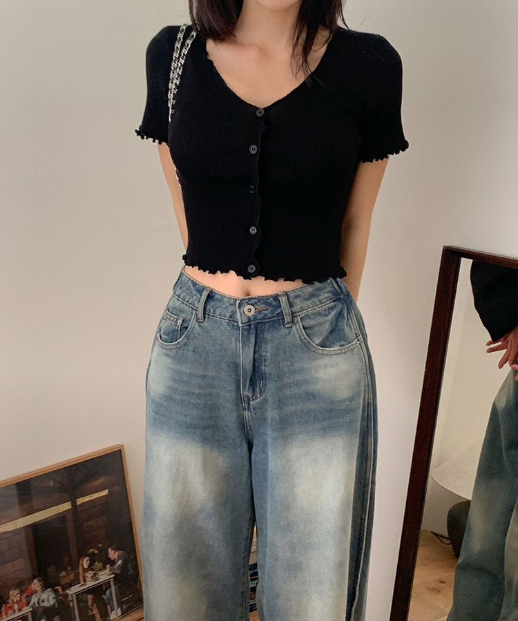 フリルクロップ半袖ニットカーディガン BLACK