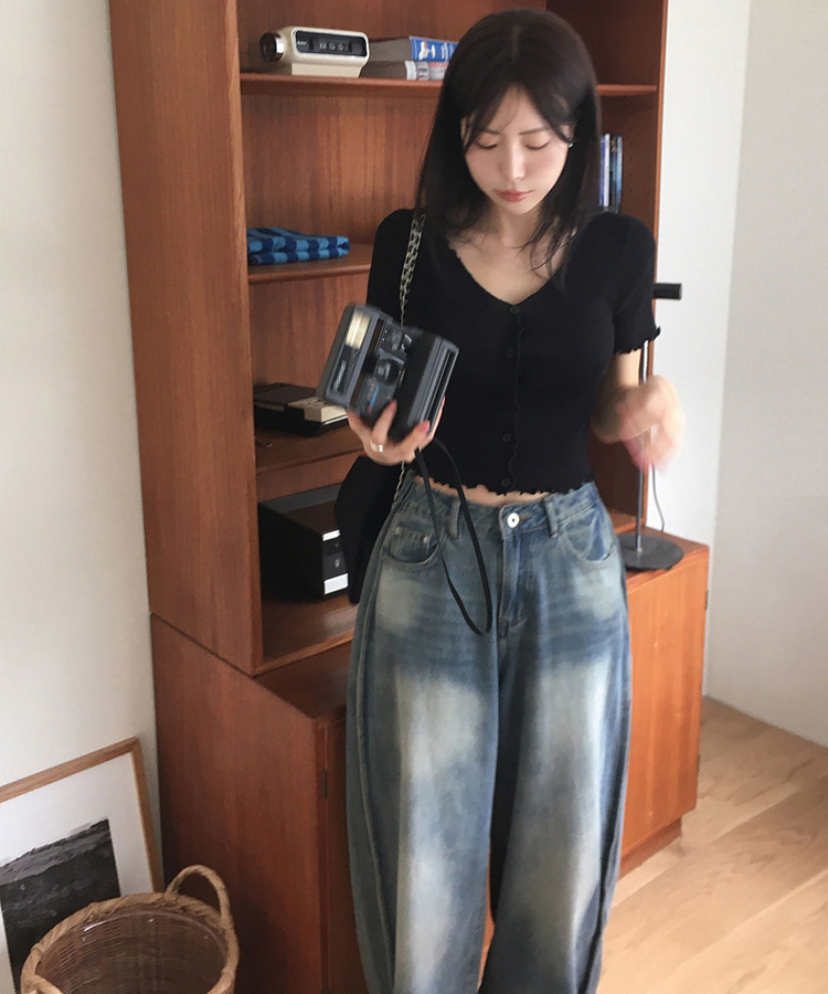 フリルクロップ半袖ニットカーディガン BLACK