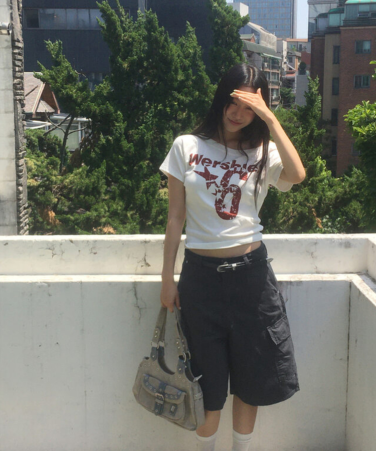 ナンバーオフショルダー半袖Tシャツ WHITE