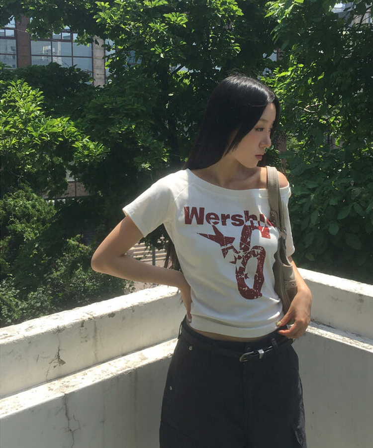 ナンバーオフショルダー半袖Tシャツ WHITE