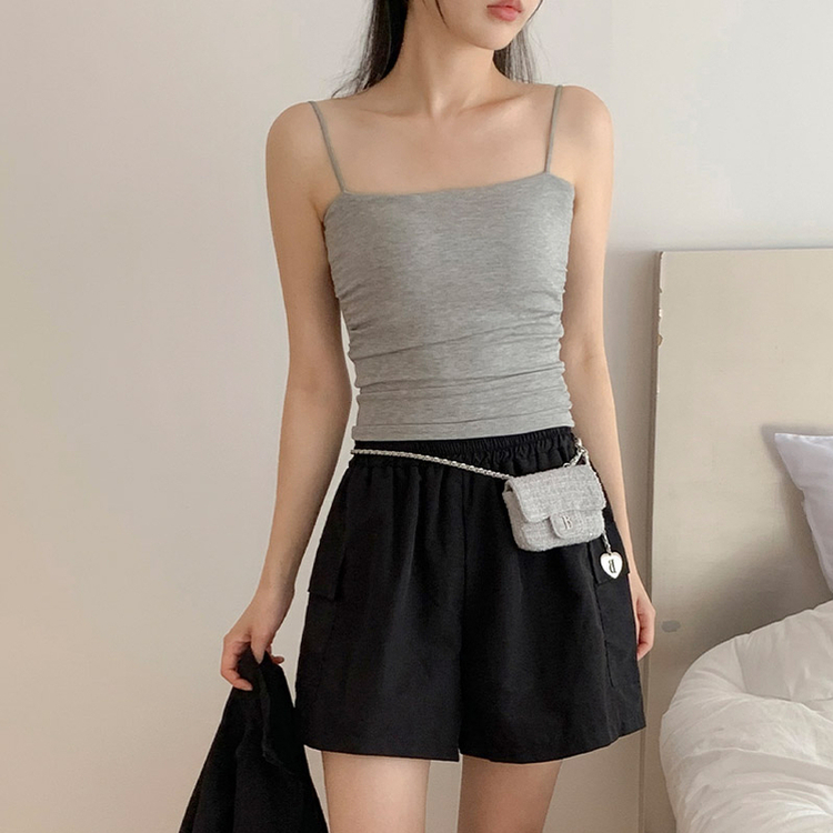（カップ付き／脇肉カバーOK／夏の必須アイテム）レンヌア シャーリング クロップド パッド付きキャミソール GRAY