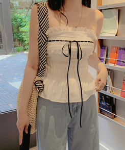 ブラウス 【カップ付き】リボンフリルチューブトップ WHITE