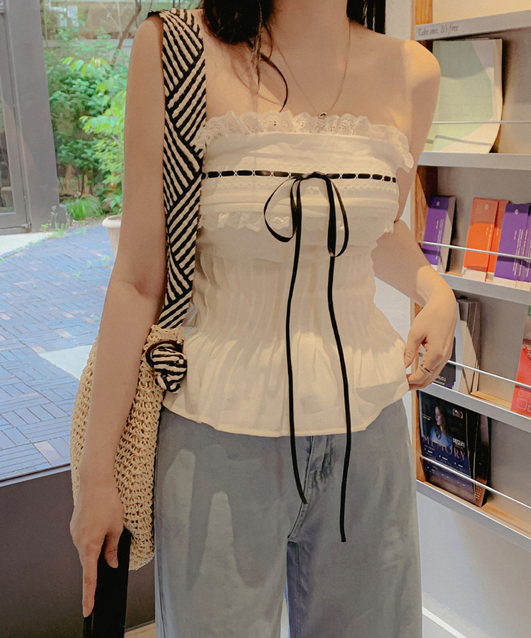 【カップ付き】リボンフリルチューブトップ WHITE