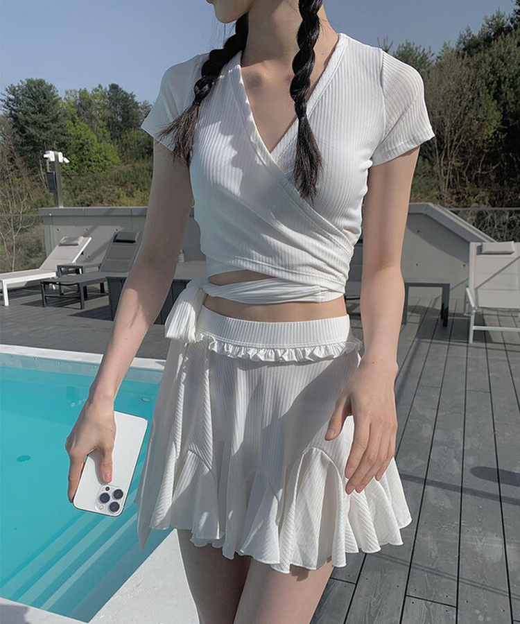 【3PCSET】リボンフリルスカートスイムウェア WHITE